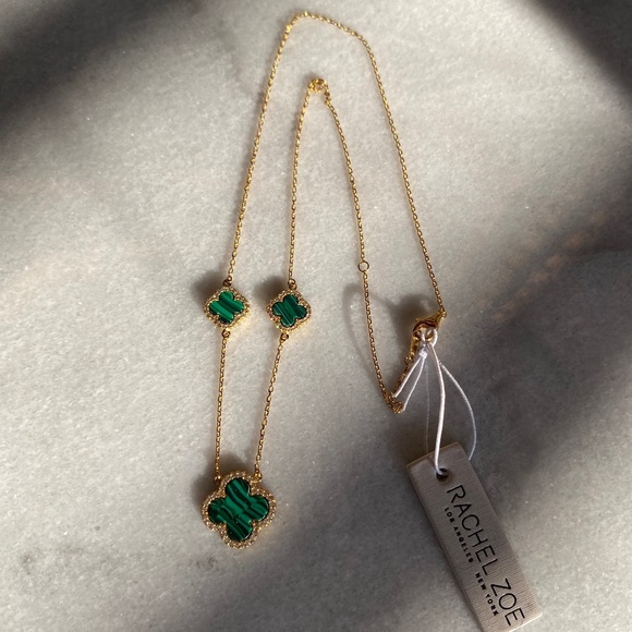 NWT Rachel Zoe 3 Clover Green Malachite/gold 18" necklace - Picture 3 of 3